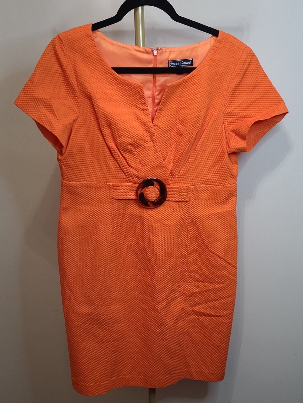 Jessica Howard Orange Textured Sheath Dress with Waist Ring Detail size 14
